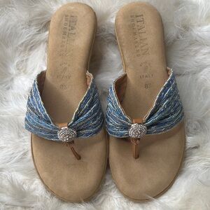 Italian Shoemakers Blue Braided Rhinestone Thong Sandals Wedges Made in Italy
